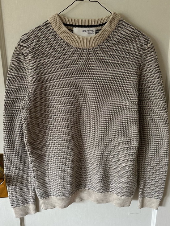 Selected Homme Other - Selected Homme Men's Cream and Gray Textured Crewneck Sweater